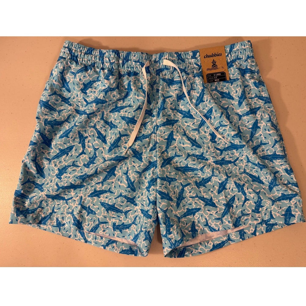 Chubbies Swim Trunks Men XL Blue Shark Sides 5.5" Inseam Mesh Liner Shorts NEW